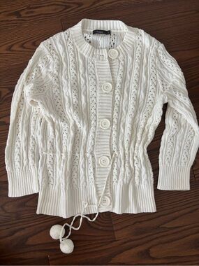 Cable-Knit White Button Cardigan with Pom-Tie Detail